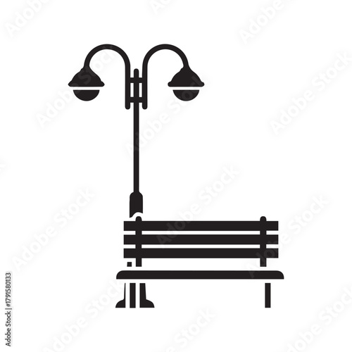 Park bench and lamppost icon. City street furniture symbol. Public outdoor seating and lighting silhouette. Vector glyph for urban design.
