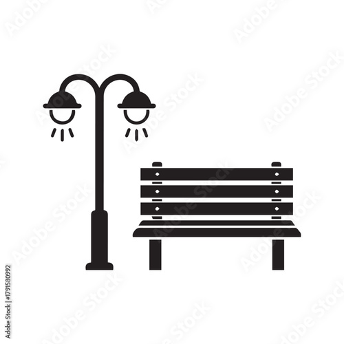 Park bench and lamppost icon. City street furniture symbol. Public outdoor seating and lighting silhouette. Vector glyph for urban design.
