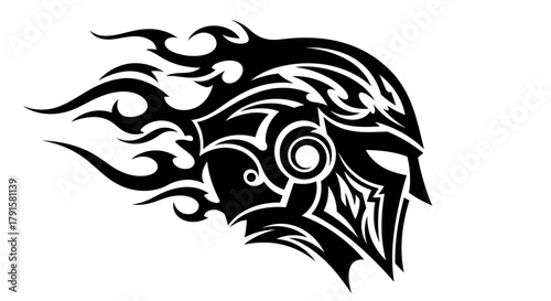 A black tribal-style warrior helmet with flames erupting from the back, symbolizing power and intensity.