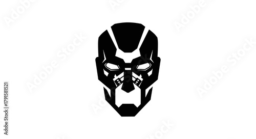 A striking black and white graphic illustration of a futuristic robot or cyborg mask with glowing white eyes.
