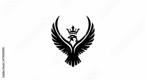 A striking black silhouette of a crowned eagle with outstretched wings against a white background.