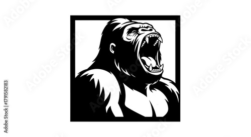 A powerful black and white illustration of a roaring gorilla's head and shoulders within a square frame.