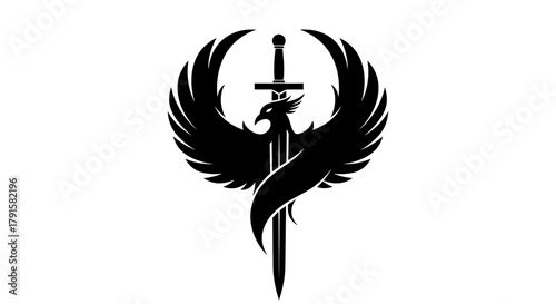 A striking black silhouette of a phoenix with outstretched wings, holding a sword vertically through its body.