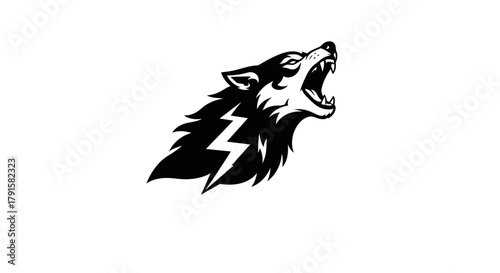 A black and white illustration of a wolf's head with its mouth open, featuring a lightning bolt design.