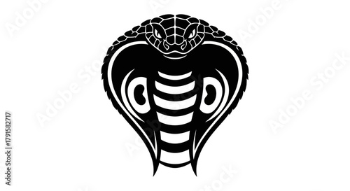 A striking black and white graphic illustration of a cobra's head with its hood flared.