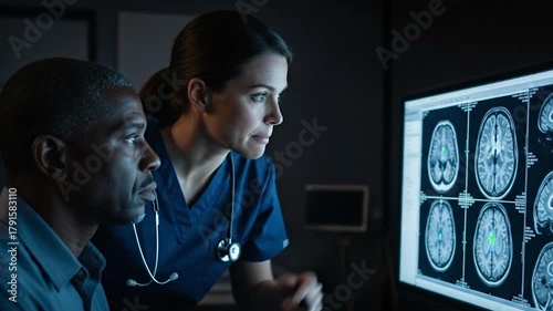 Female doctor in blue scrubs points to an advanced display of mri images on the screen, while she and her male patient look at the brain scans on one side of it