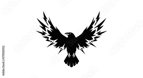 A striking black silhouette of a raven with its wings spread wide, adorned with sharp, lightning-like patterns.