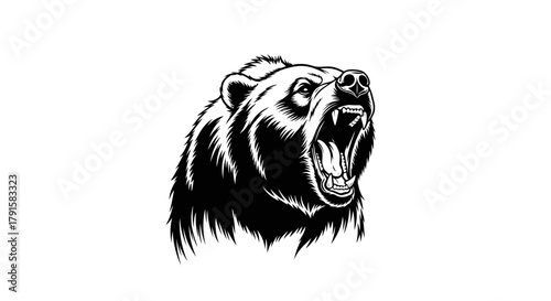 A fierce black and white illustration of a grizzly bear roaring with its mouth open and teeth bared.