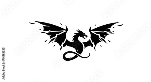 A striking black silhouette of a dragon with spread wings, its body coiled and tail curled, against a white background.
