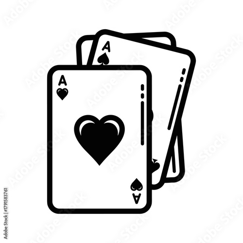 Black and white icon of playing cards, ace of hearts and other cards fanned out