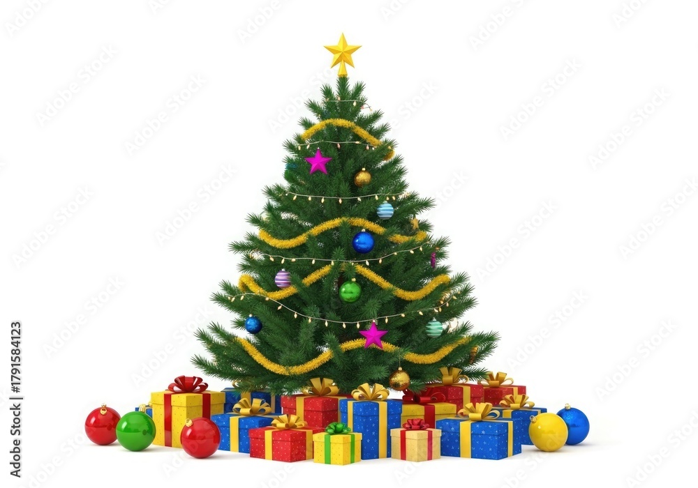 Naklejka premium A beautifully decorated christmas tree with colorful baubles, golden garland, and a star on top, surrounded by gift boxes isolated on white background