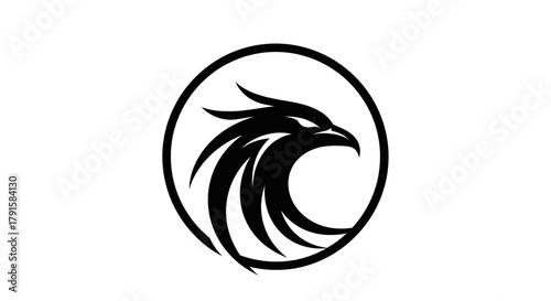 A striking black and white graphic logo featuring the head of a fierce eagle within a circular frame.