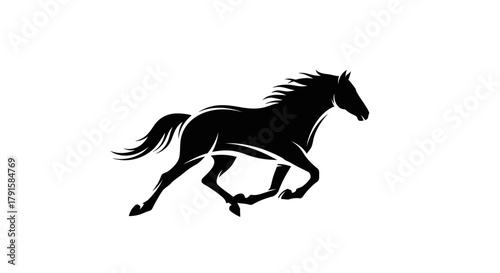 A striking black silhouette of a horse galloping with its mane flowing dynamically.