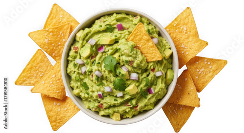 Bowl of fresh guacamole with tortilla chips isolated on transparent background