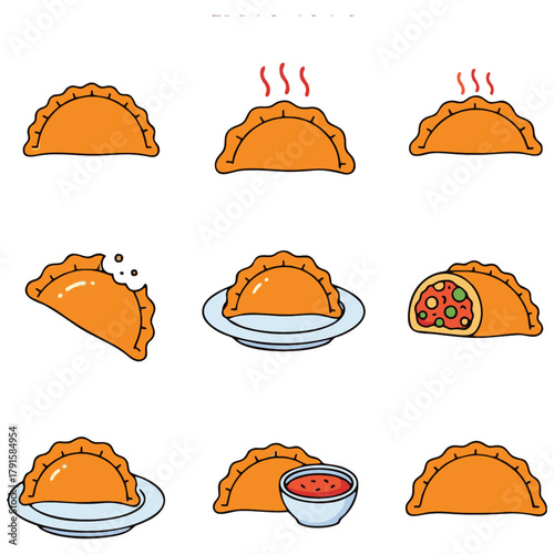 Whimsical cartoon vectors show an empanada, or baked turnover, in a variety of serving situations, including with salsa and steaming. This hand-drawn illustration is ideal for food blogs