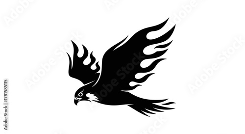 A striking black silhouette of a falcon with fiery wings in mid-flight against a white background.