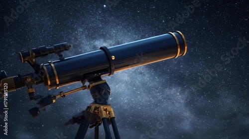 A sleek telescope on a sturdy tripod points at a starry night sky with faint nebula glow. Luminous!!