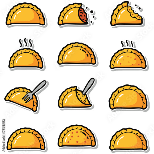This delightful set of vector stickers features cartoon empanadas in various styles, perfect for adding a fun and appetizing touch to menus, blogs, or design projects