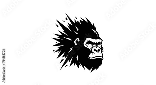 A striking black and white illustration of a gorilla's head with a dynamic, explosive effect emanating from its fur.