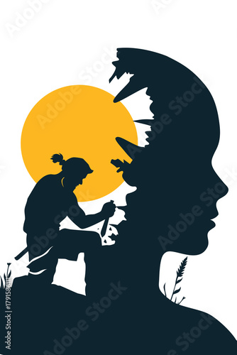 Surreal illustration of a sculptor carving a fragmented human head, symbolizing inner transformation, rebuilding identity, emotional healing, self-discovery, and mental resilience.