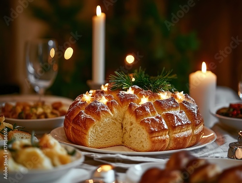 Festive Christmas dinner scene with large circular bread on table, illuminated by candles, surrounded by white plates of food and green branches, creating a cozy traditional atmosphere. Ideal for holi