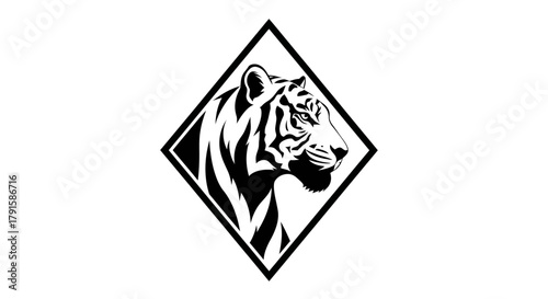 A striking black and white graphic illustration of a tiger's head in profile, enclosed within a diamond shape.