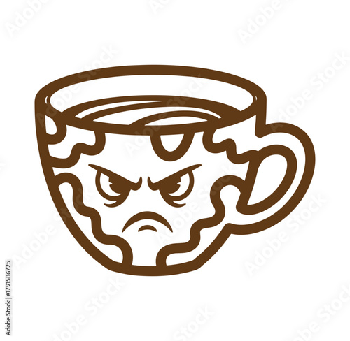Vector illustration of an angry coffee cup with an intense grumpy facial expression