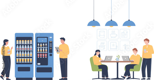 modern office break area illustration, people using vending machine, coworkers drinking coffee, flat design workplace scene, minimal business environment concept