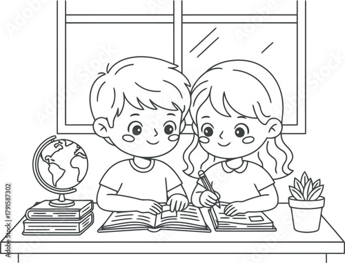 Cute cartoon children studying together at a desk with books and globe