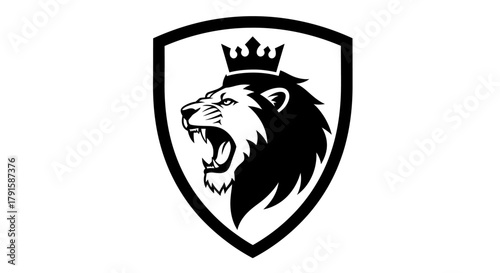 A black and white shield logo featuring a roaring lion wearing a crown.