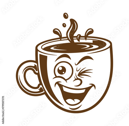 Winking coffee cup mascot laughing and spilling with decorative design illustration