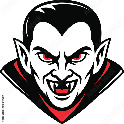 Scary vampire face cartoon illustration with red eyes, fangs, dark hair, Halloween monster character design, horror fantasy vector art