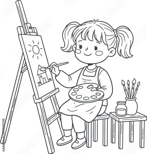 Young girl artist painting on easel with art supplies and palette