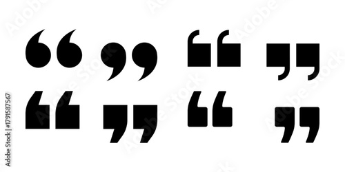 Black quotation marks symbol set in various styles and shapes for citing and referencing text vector illustration
