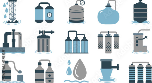 Set of fifteen flat icons representing water treatment process, purification systems, filtration tanks, valves, and clean water industry symbols