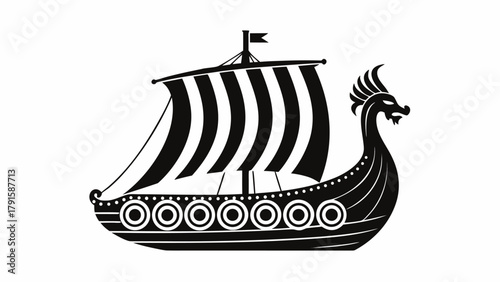 Bold Viking longship with dragon head sailing emblem, historical symbol of exploration and adventure