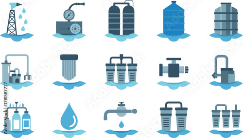 Set of fifteen flat icons representing water treatment process, purification systems, filtration tanks, valves, and clean water industry symbols