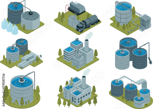 Set of nine isometric industrial water treatment plant illustrations with tanks, pipelines, buildings, and purification systems for environmental technology