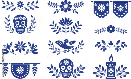 Traditional blue Mexican folk art design set with floral skull candle and bird motifs, dia de los muertos decorative illustration