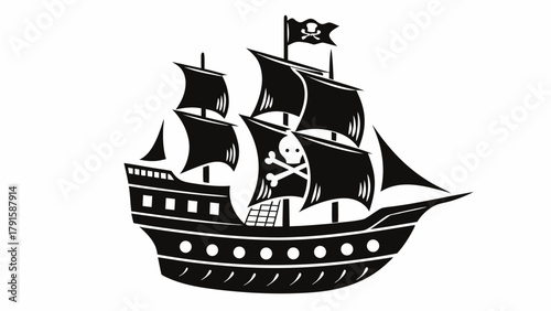 Bold pirate ship sailing with skull and crossbones flag, iconic symbol of adventure and daring