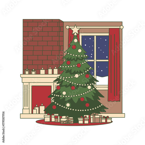 A warm holiday scene featuring a decorated tree beside a glowing fireplace, with candles on the mantel and snow falling outside the window