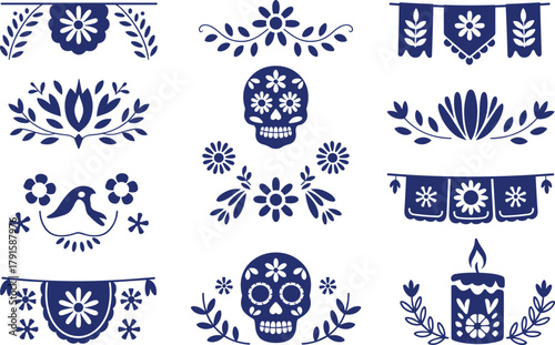 Traditional blue Mexican folk art design set with floral skull candle and bird motifs, dia de los muertos decorative illustration