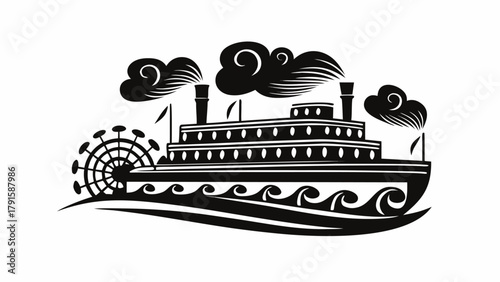 Classic riverboat silhouette sailing on wavy water, vintage steamboat illustration for themes of history