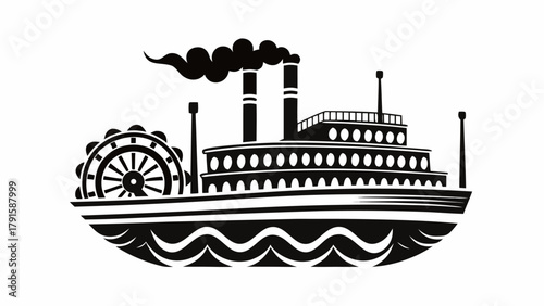 Vintage paddle steamer silhouette with smokestacks and decorative waves for historical designs