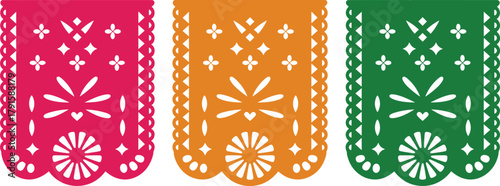 Traditional mexican papel picado banner set in pink orange and green, festive cultural decoration design, dia de muertos celebration art