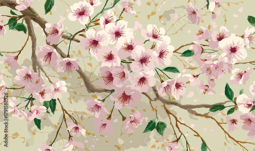 Vektor-Illustration von blühenden Kirschblüten auf einem Ast mit zarten rosa Blüten und grünen Blättern.