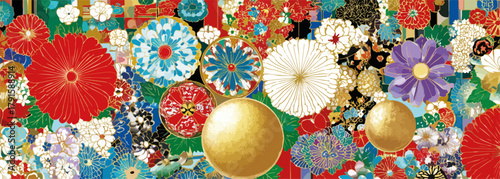 Abstrakte Vektorillustration mit bunten Blumenmustern und goldenen Kugeln, im japanischen Stil.