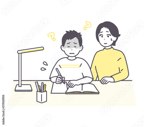 親子で自宅学習をしているイメージイラスト　わからない　難しい