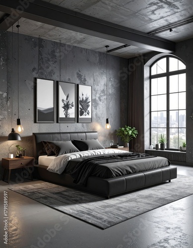 Concrete bedroom with arch window and black & white art