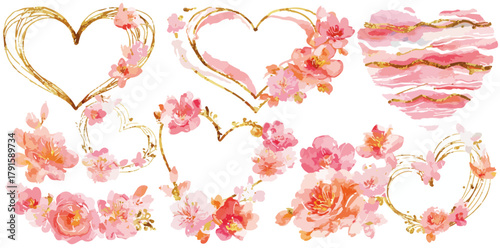 Vektor-Illustration von Herzen mit zarten rosa Blumen und goldenen Akzenten für romantische Designs